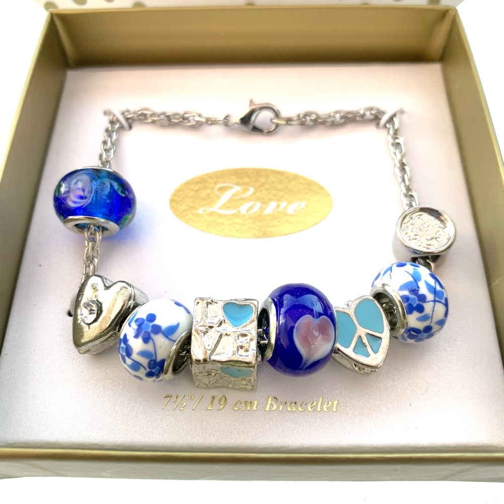 Blue and White Beads Heart, Peace, Love Silver Tone Bracelet